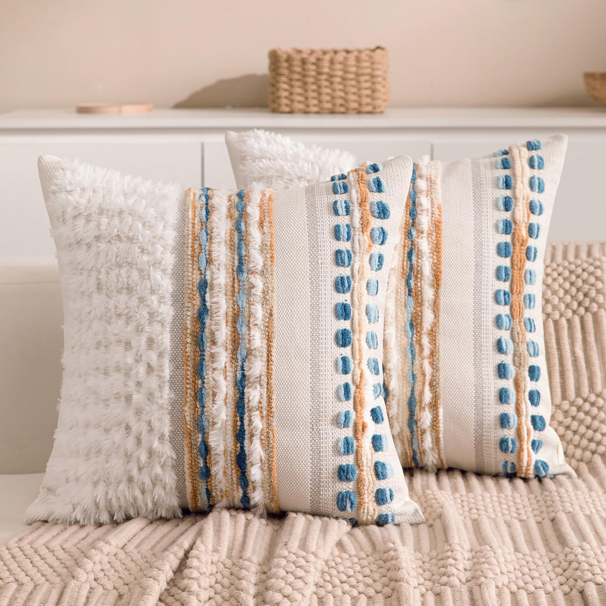 Boho Chenille Tufted Couch Throw Pillow Covers 18x18 Inch Set of 2 Farmhouse Striped Decorative Pillow Covers Accent Neutral Pillowcase Teal Cushion Cover for Living Room Sofa Bed