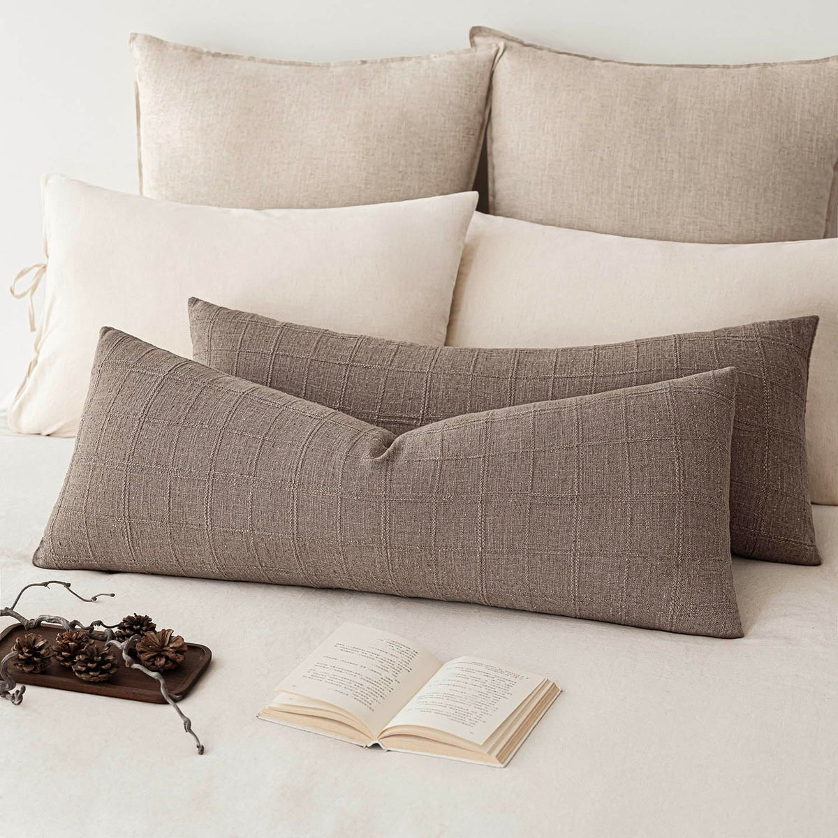 Foindtower Boho Linen Check Decorative Throw Pillow Cover 18×18 Olive Green