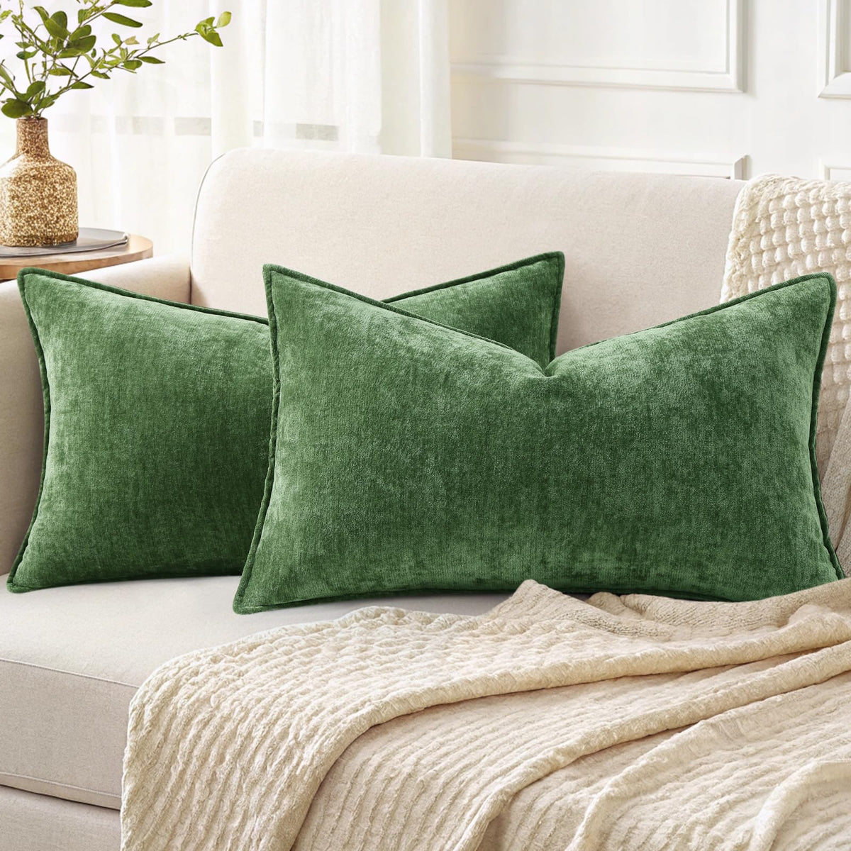 decorUhome Chenille Beige Velvet Throw Pillow Covers 20x20 Set of 2