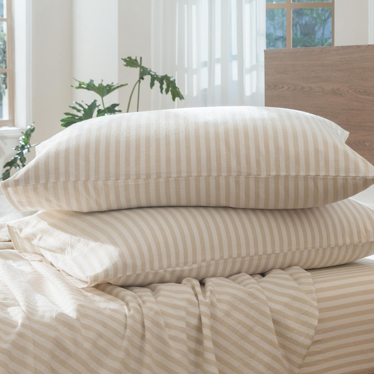 MOOMEE Pillowcase Set of 2 100% Washed Cotton Linen-Like Standard
