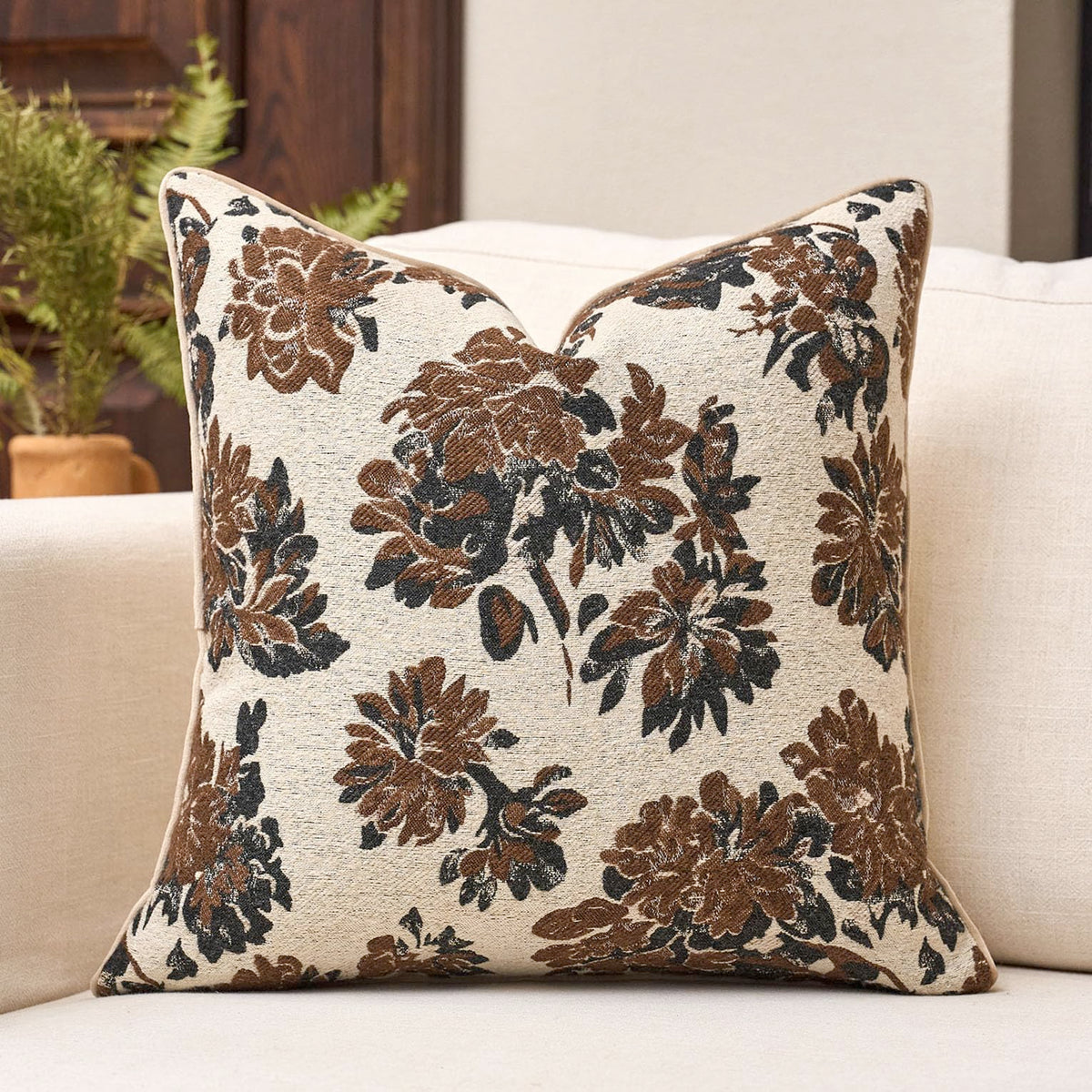 Green Floral Textured Throw Pillow Cover 18x18 Fall Vintage Rust Pillow Cover Farmhouse Summer Leaf Cushion Cover Chenille Neutral Flower Pillowcase Home Decor for Sofa Living Room Bedding