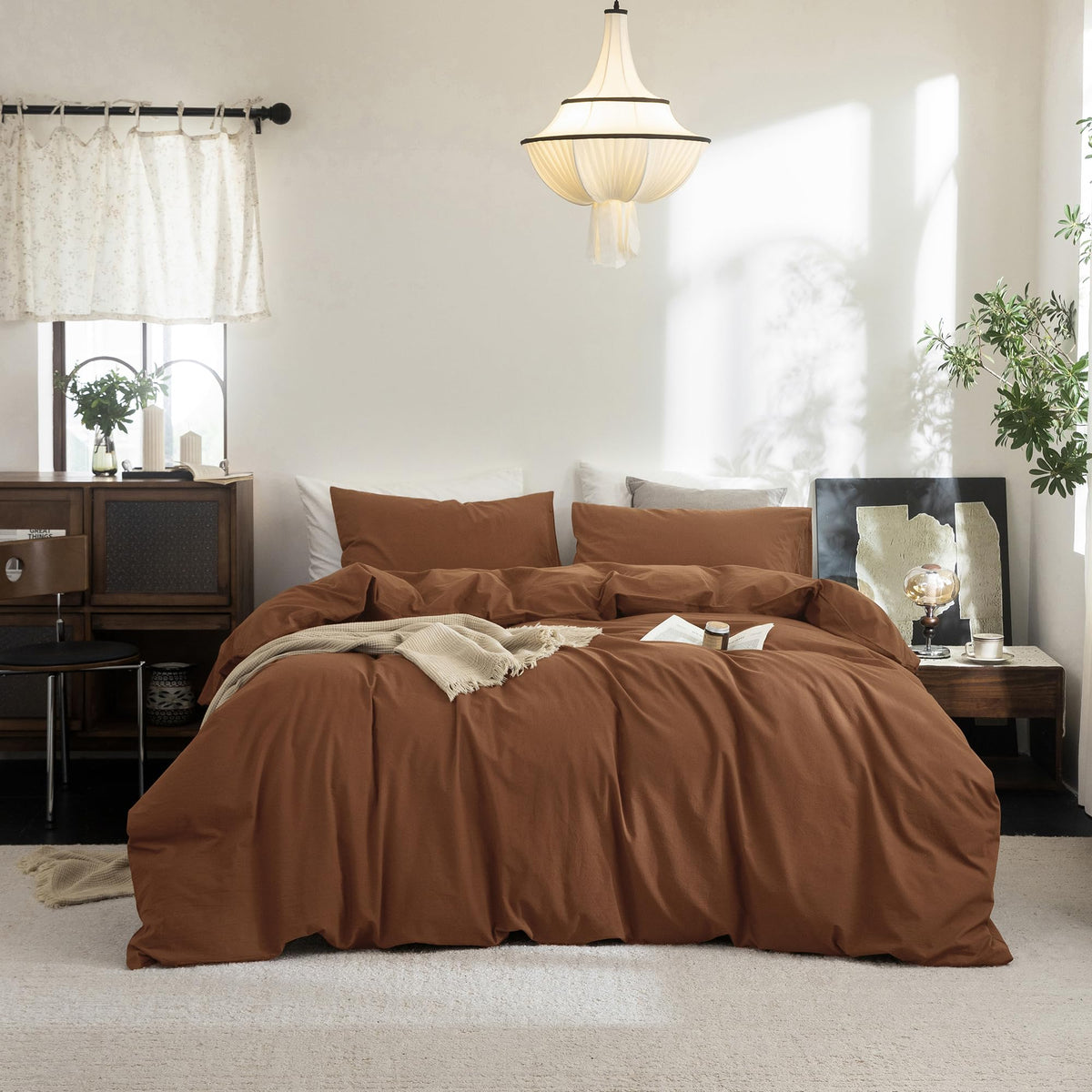 FOSSA Duvet Cover Set 100% Washed Cotton Linen Feel Queen