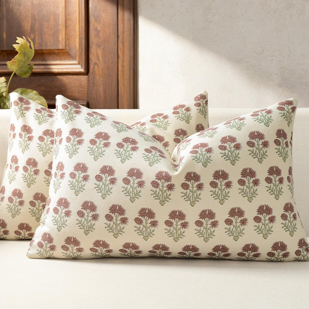 Farmhouse Floral Pillow Covers 18x18 Set of 2, Country Botanical Throw Pillow Cover for Sofa Couch Bed Living Room, Earthic Vintage Flower Cushion Covers Cottage Home Decor,Terracotta