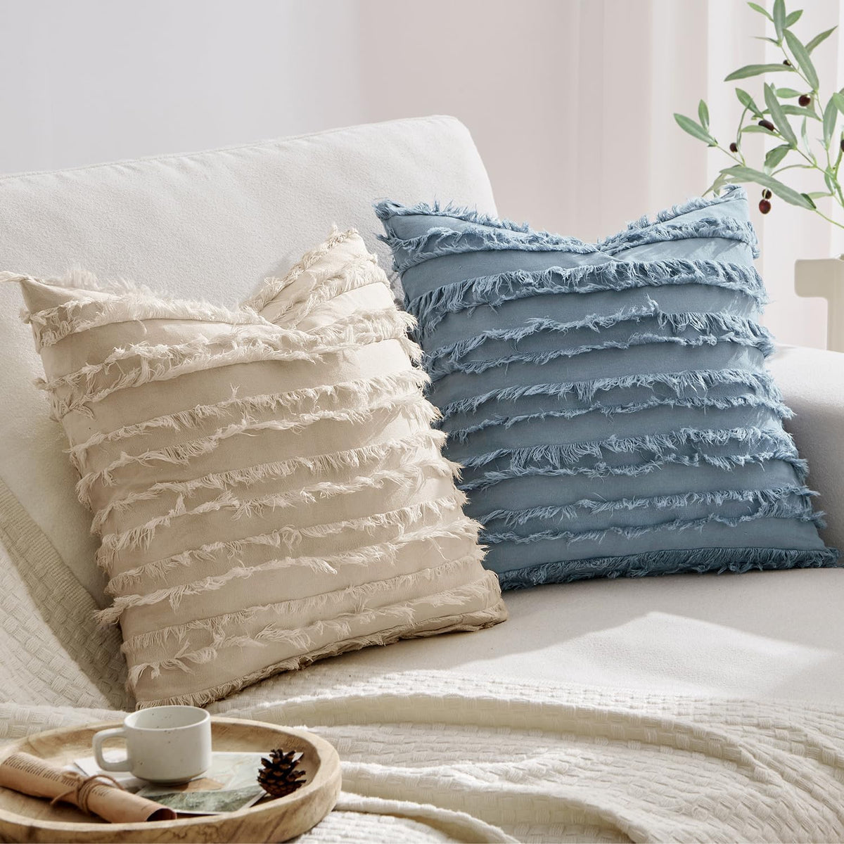 MIULEE Boho Linen Striped Throw Pillow Covers 18x18, Neutral Beige