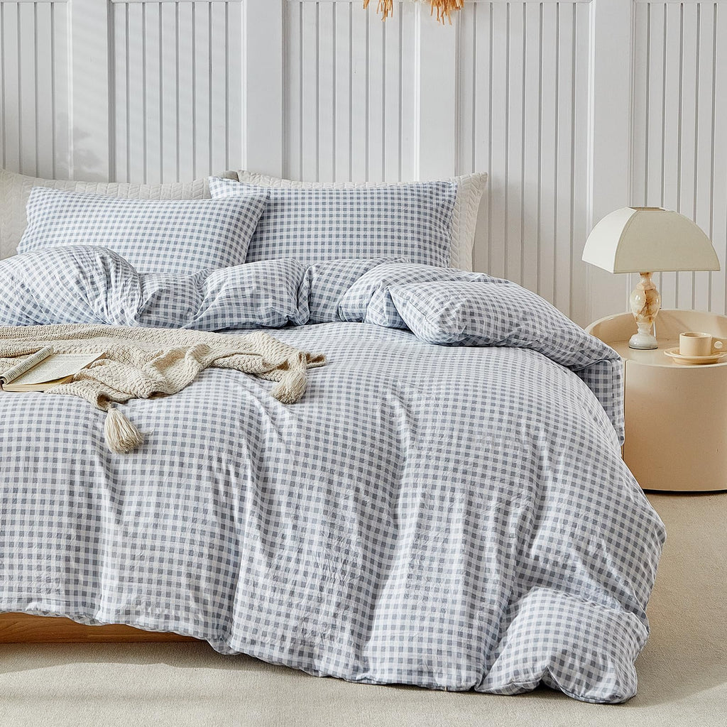 DuShow Grid King Duvet Cover Set - Tan Gingham Washed Microfiber Comforter Cover Set, 3 Pieces Plaid Checkered Soft Reversible Bedding Set(Tan,King)
