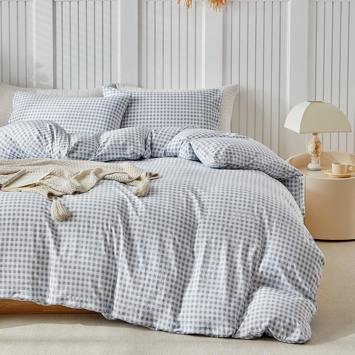 DuShow Grid King Duvet Cover Set - Tan Gingham Washed Microfiber Comforter Cover Set, 3 Pieces Plaid Checkered Soft Reversible Bedding Set(Tan,King)