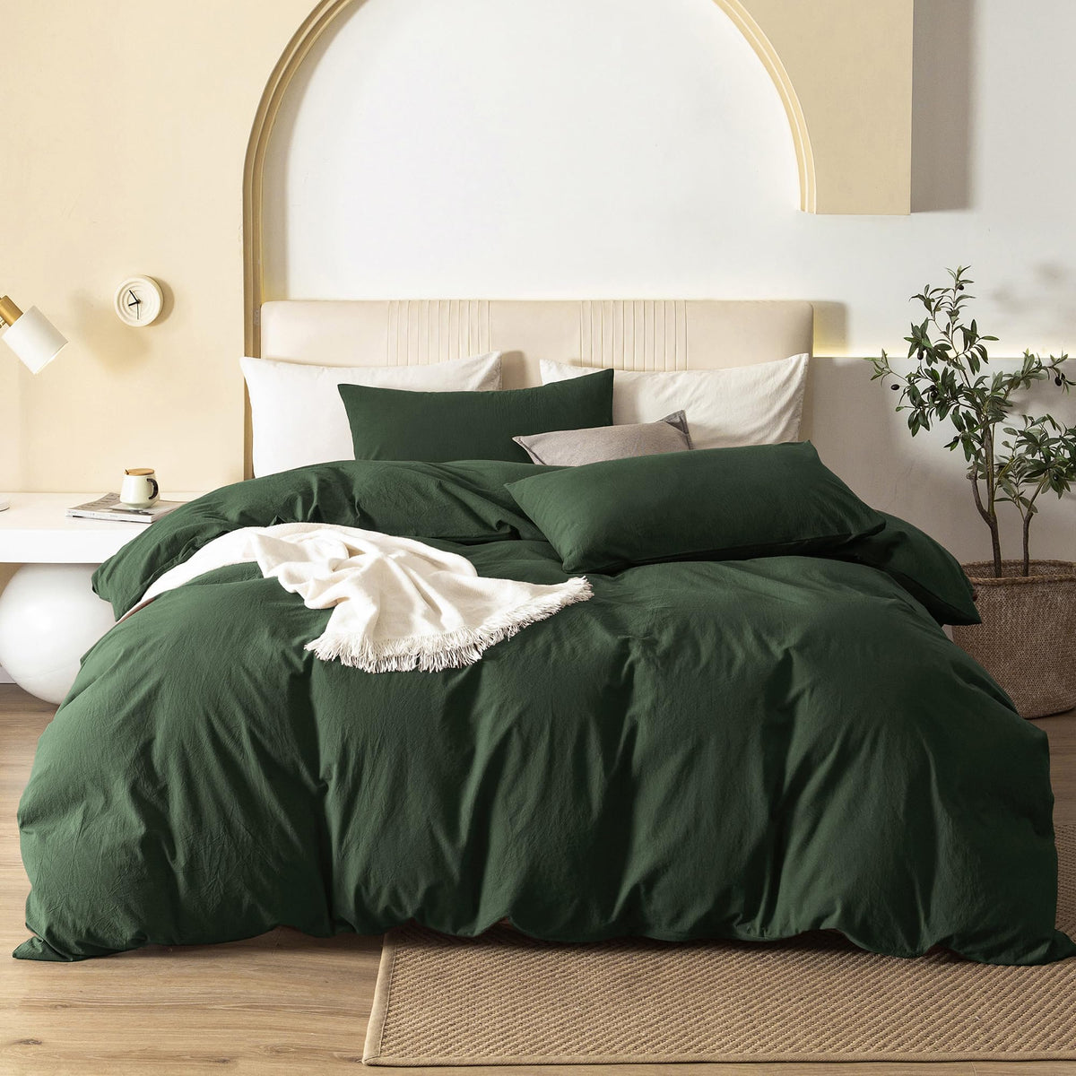 JIYUAN Queen Washed Cotton Duvet Cover Set, 3-Piece, Relaxed Linen Feel