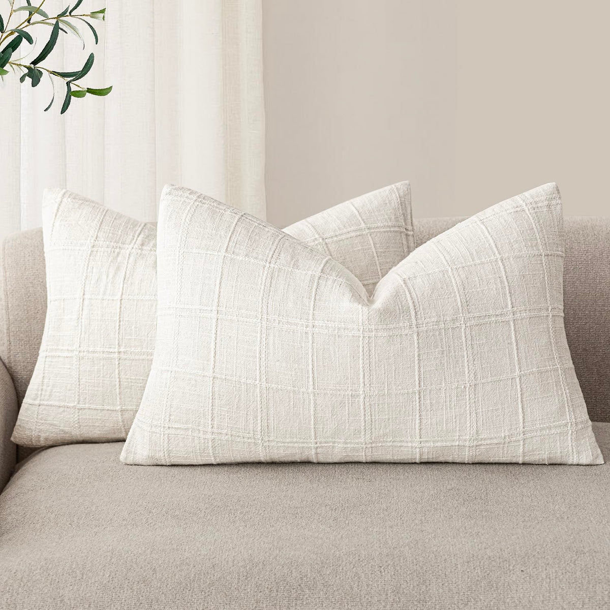 Foindtower Boho Linen Check Decorative Throw Pillow Cover 18×18 Olive Green