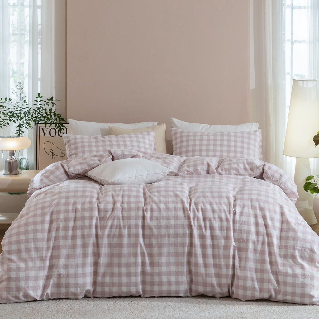 JIYUAN Queen Washed Cotton Duvet Cover Set, 3-Piece, Relaxed Linen Feel