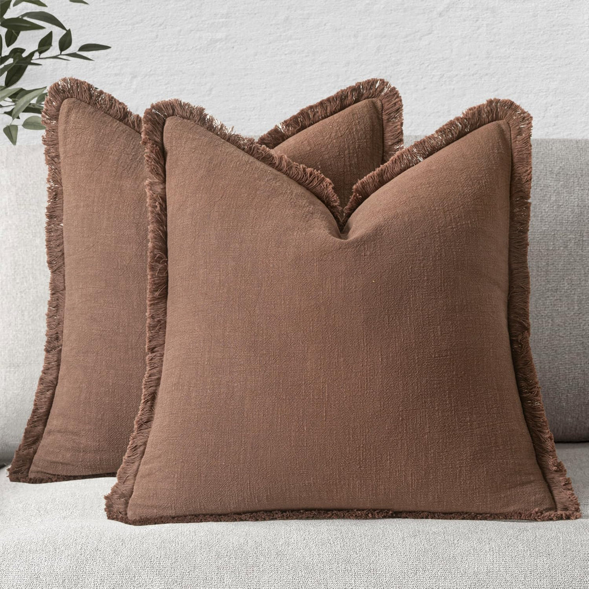 MIULEE Boho Linen Fringe Decorative Throw Pillow Covers Olive Green 20x20