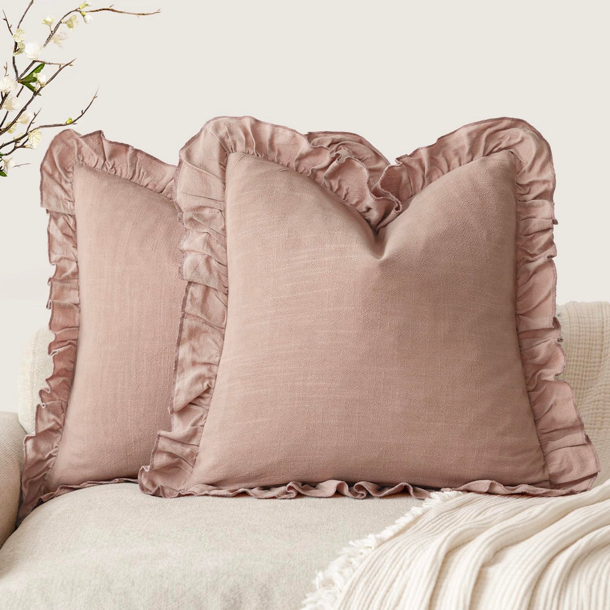 Foindtower Set of 2 Decorative Soild Fringe Ruffle Throw Pillow Covers Soft Boho Farmhouse Cushion Cover Cozy Accent Retro Pillowcase for Couch Sofa Bed Living Room Home Decor,18×18 Inch,Natural Beige