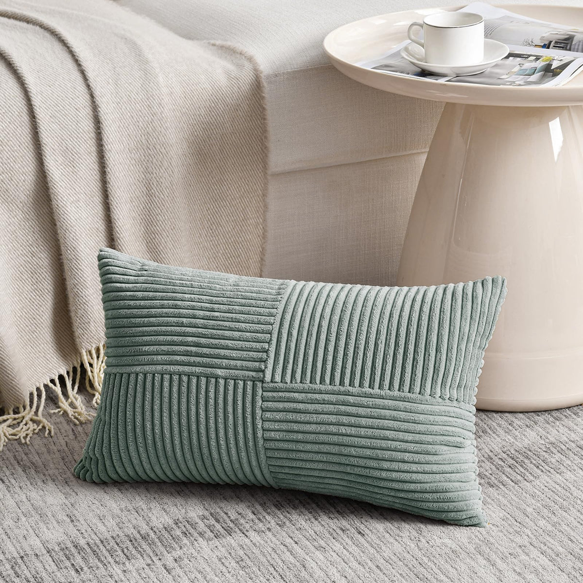 Fancy Homi Blush Pink Lumbar Decorative Throw Pillow Covers 12x20 Inch for Living Room Couch Bed, Rustic Farmhouse Boho Home Decor, Soft Striped Corduroy Rectangle Accent Cushion Case 30x50 cm