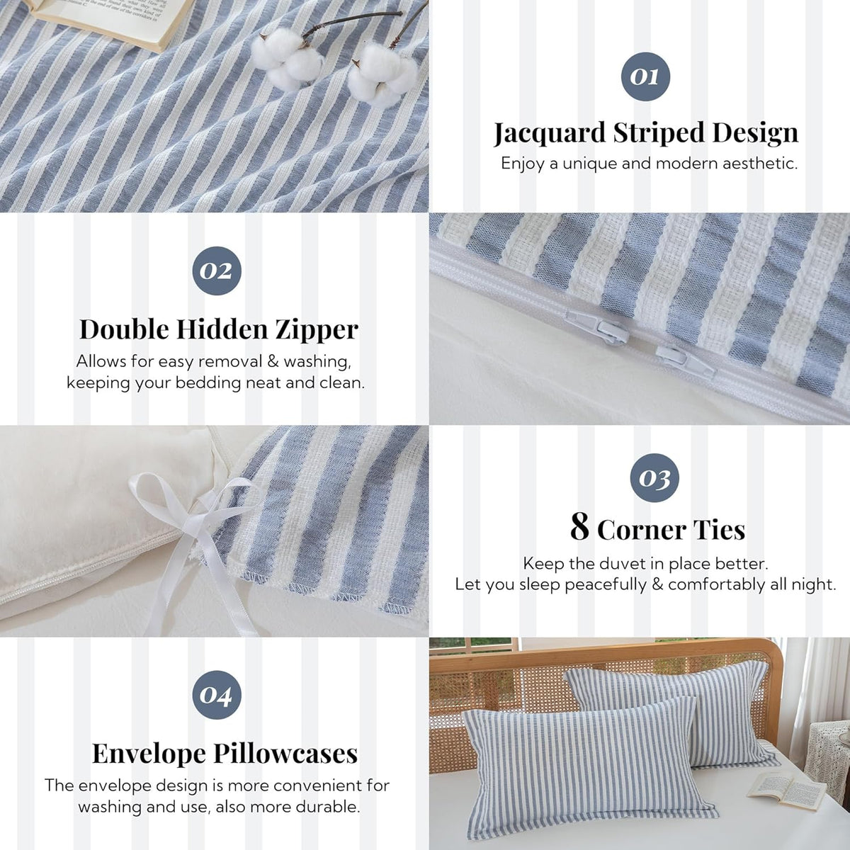 MILDLY Jacquard Striped Duvet Cover Set 3pcs Dual Zipper Blue Queen