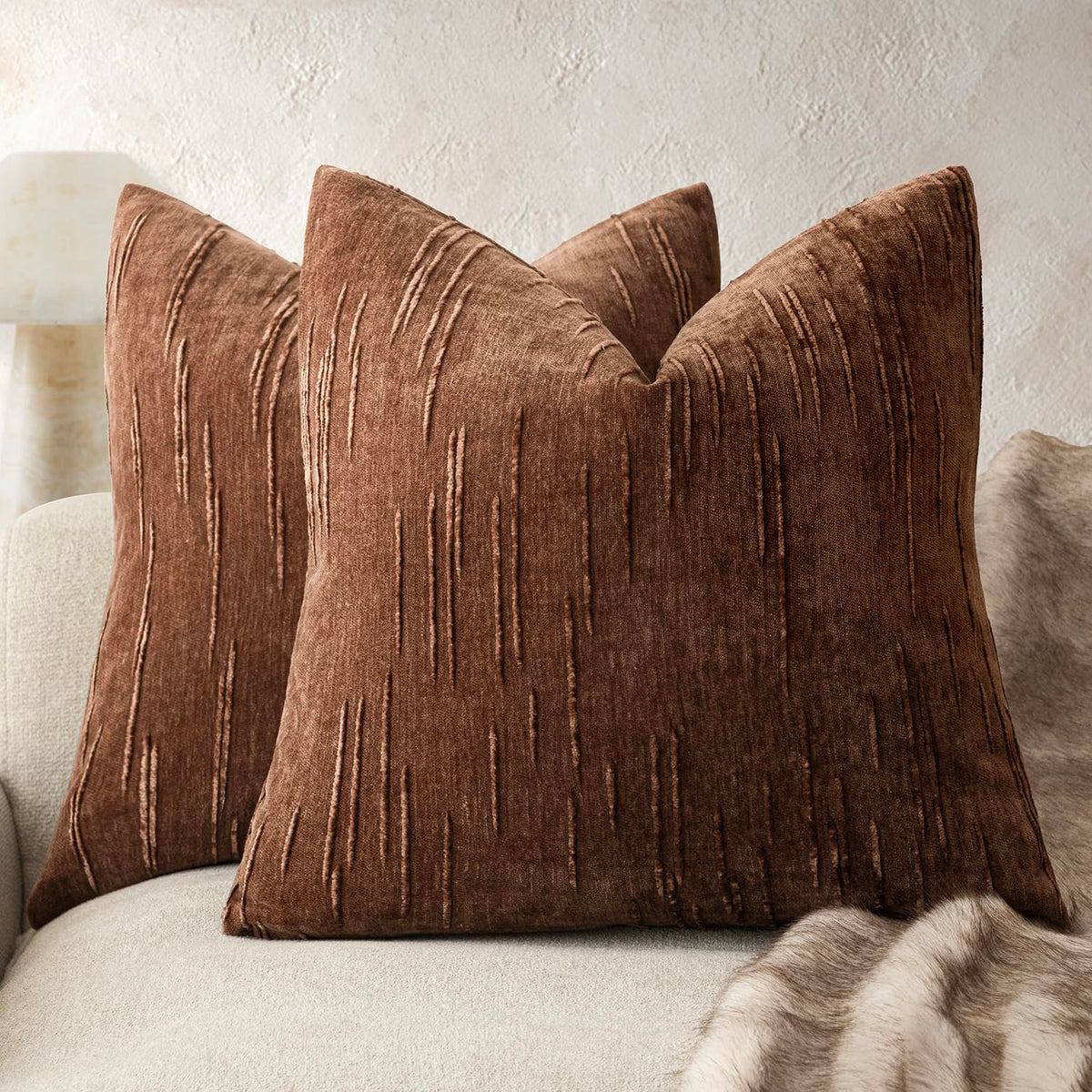 Foindtower Pack of 2 Slubby Textured Chenille Throw Decorative Pillow Covers Square Accent Solid Cushion Cover Soft Farmhouse Pillow Case for Couch Sofa Bedroom Living Room 20x20 Inch,Dark Olive Green