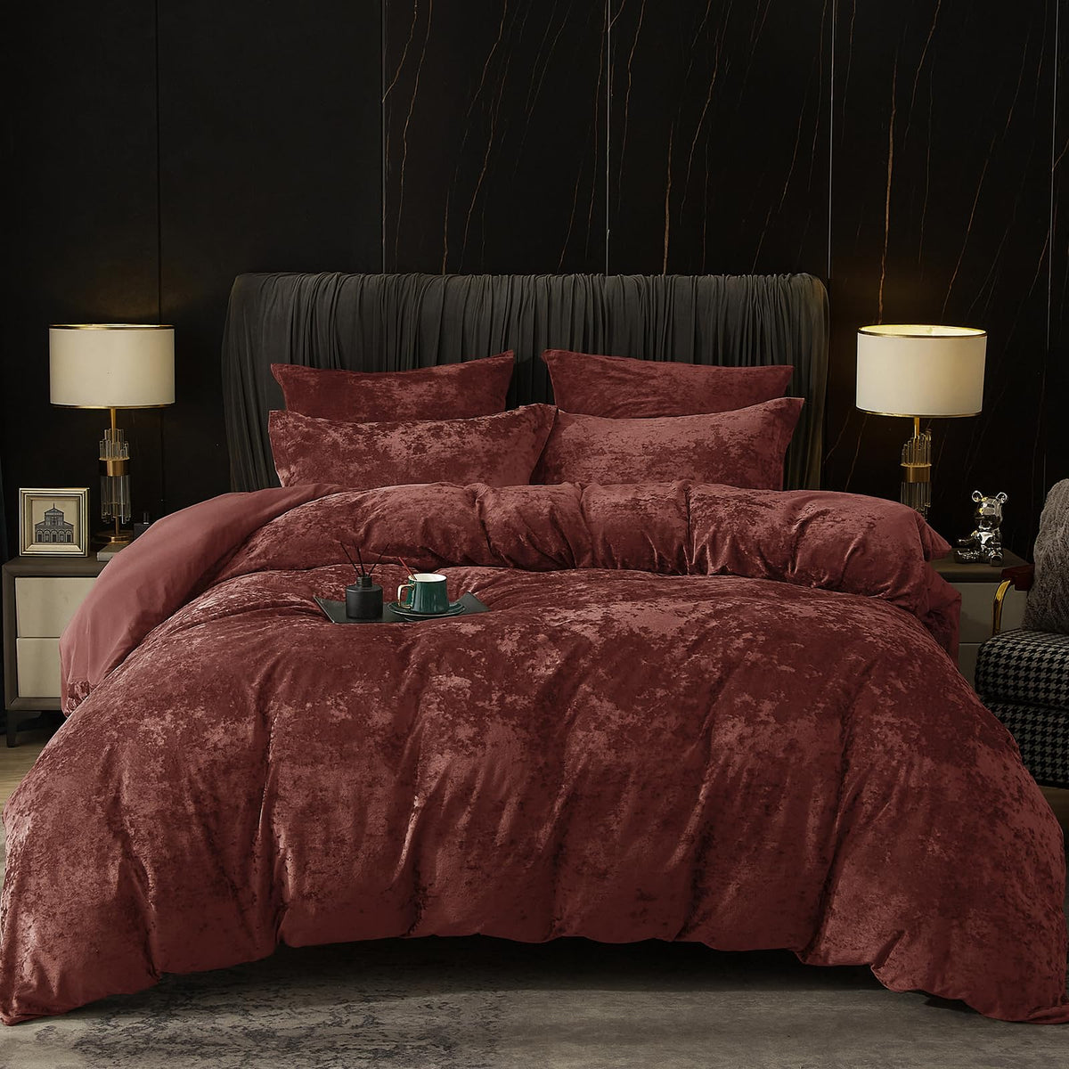 PHF Luxury Velvet Duvet Cover Set King Size, 3pcs 104" x 90", Black
