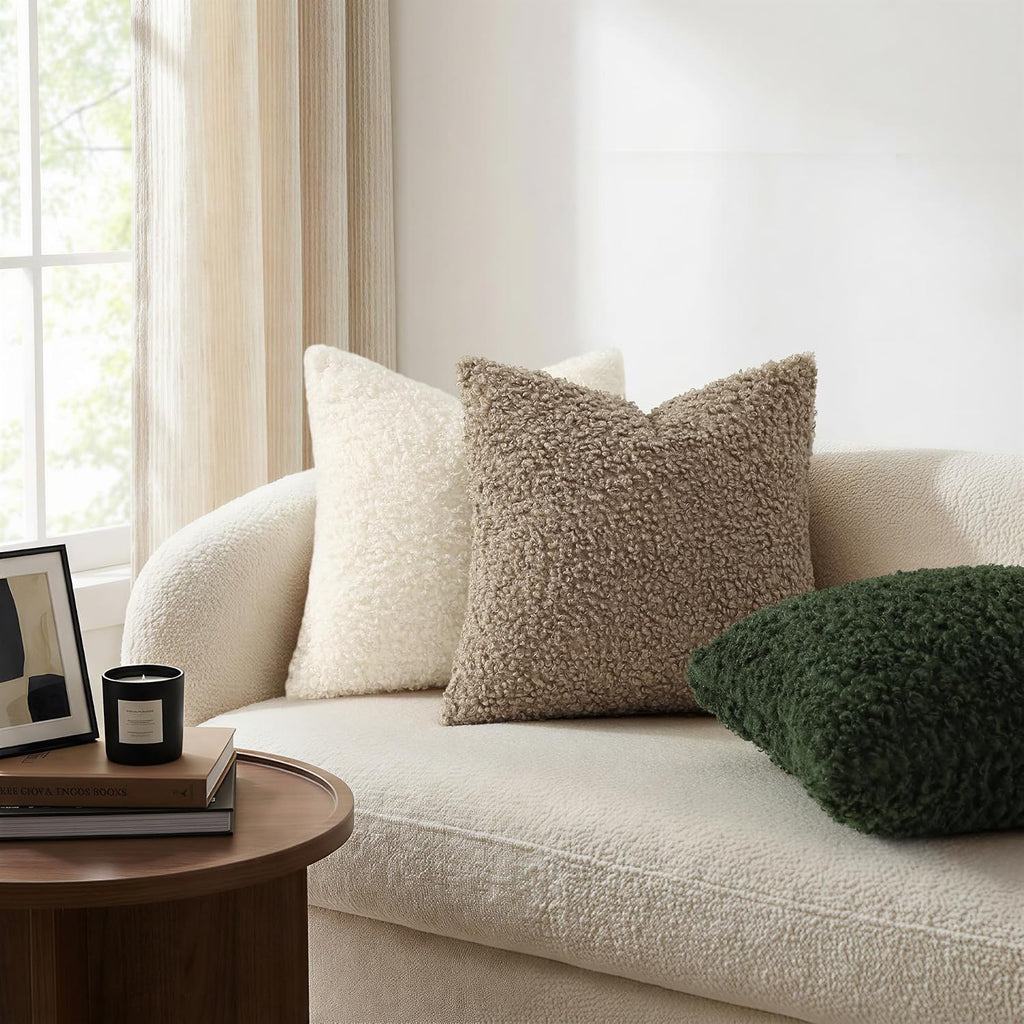 decorUhome Sherpa Throw Pillow Covers 18x18 Set of 2 Neutral Cream