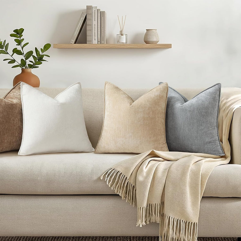 decorUhome Chenille Beige Velvet Throw Pillow Covers 20x20 Set of 2