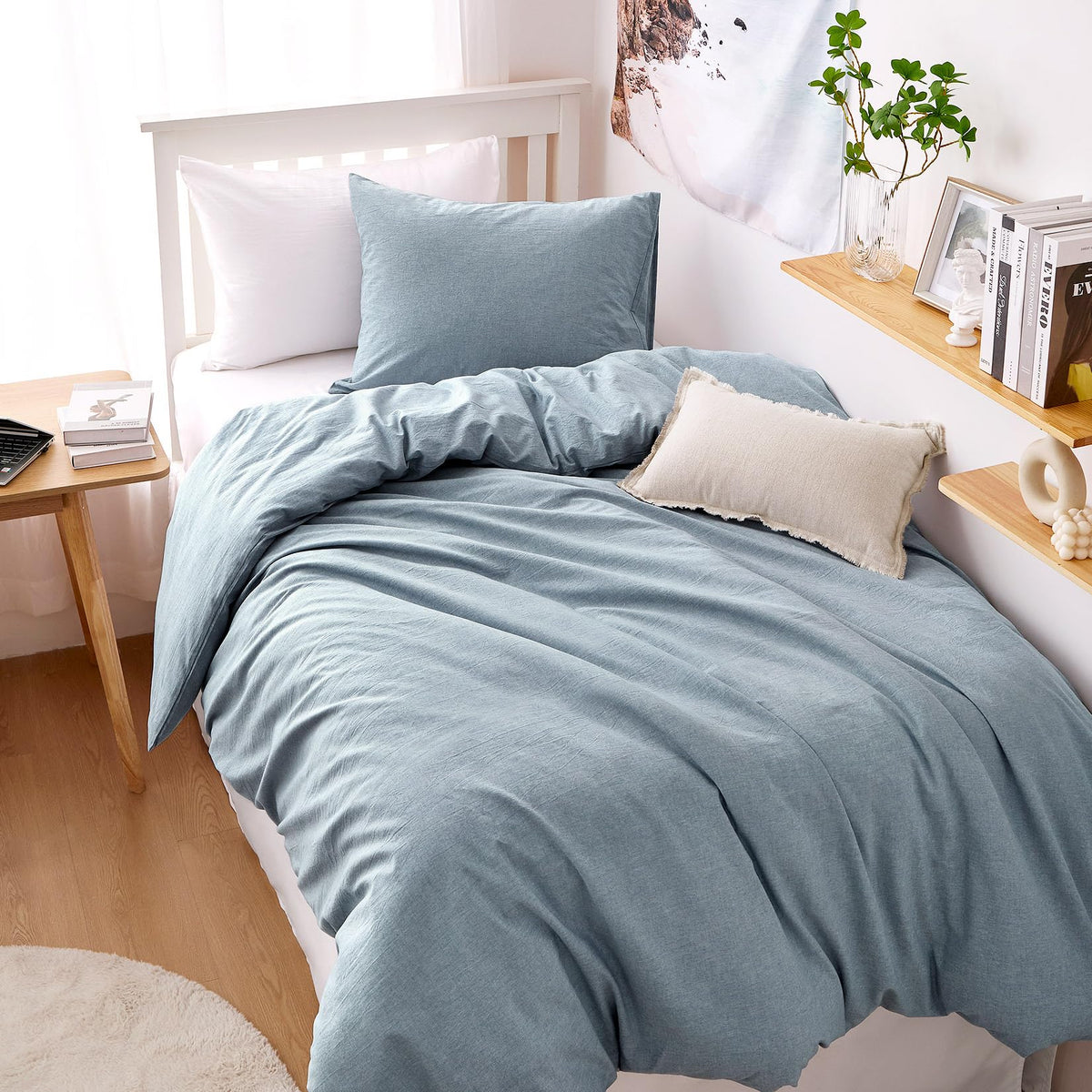 Wake In Cloud - Cotton Duvet Cover Set, 100% Washed Cotton, Linen Like Textured, Breathable Durable Comfy Farmhouse Neutral Bedding Set, 3 Pieces, Denim Blue, Queen Size