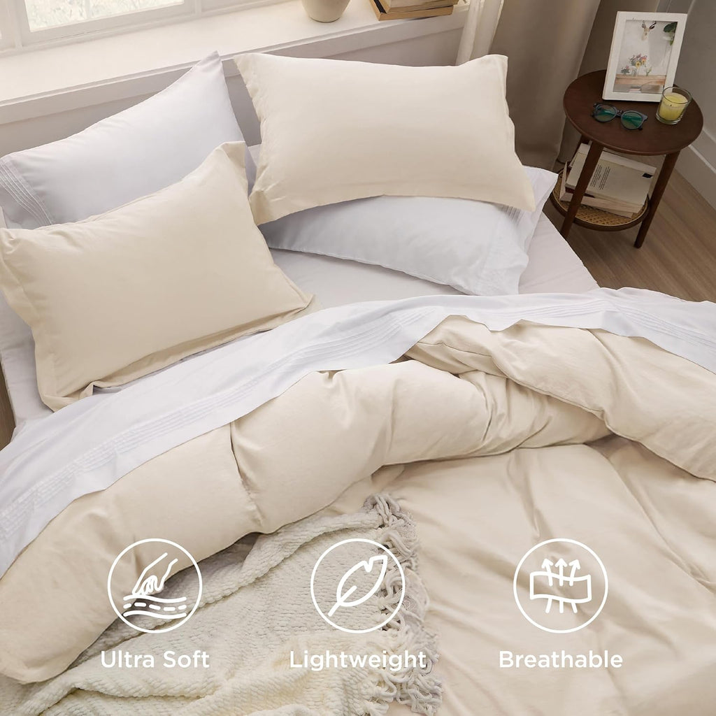 Bedsure Prewashed Duvet Cover Queen, Cotton-Like Soft Bedding Set, Beige