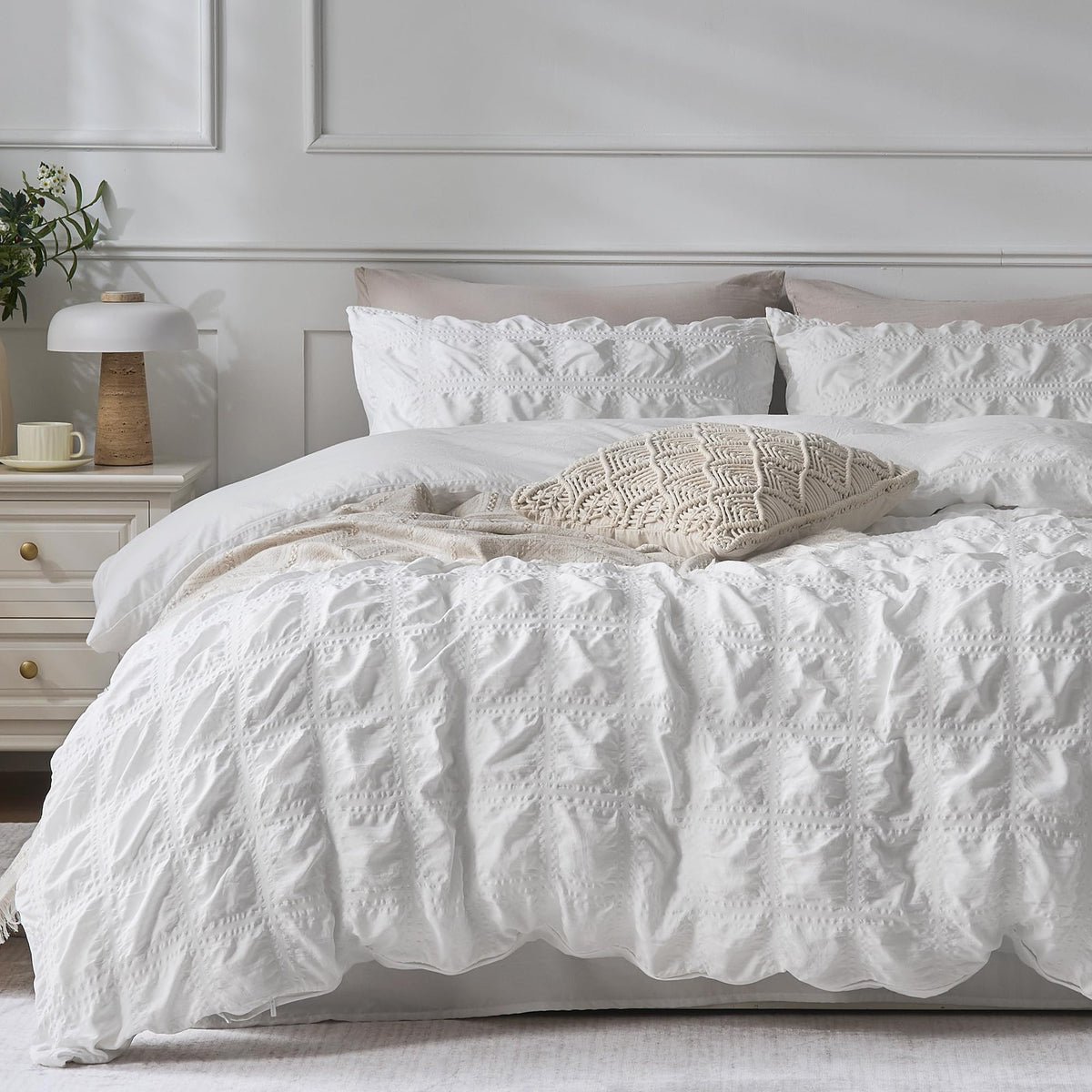 JELLYMONI White Seersucker Duvet Cover Set Queen Size