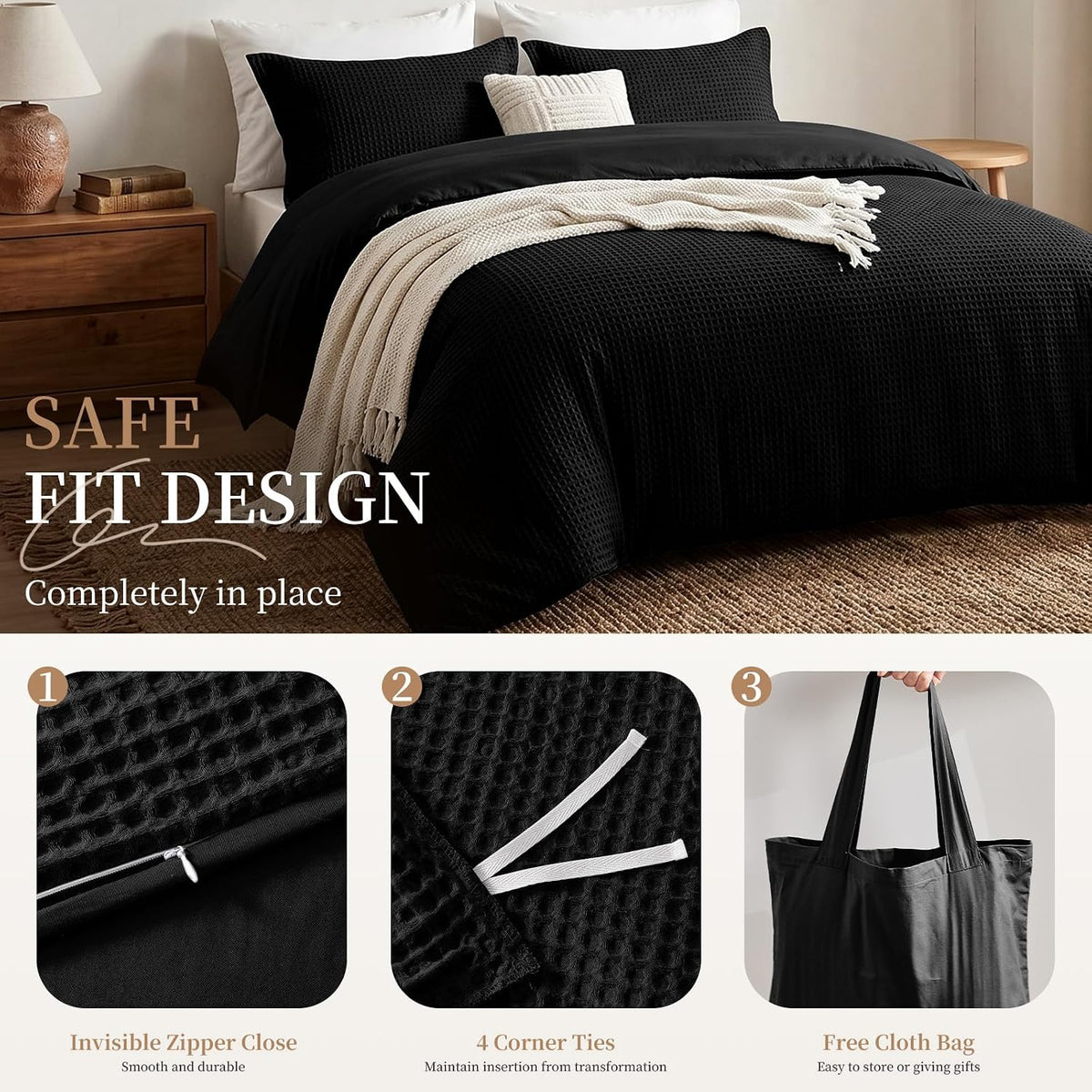 100% Cotton King Size Duvet Cover Set with 2 Pillow Shams, Black
