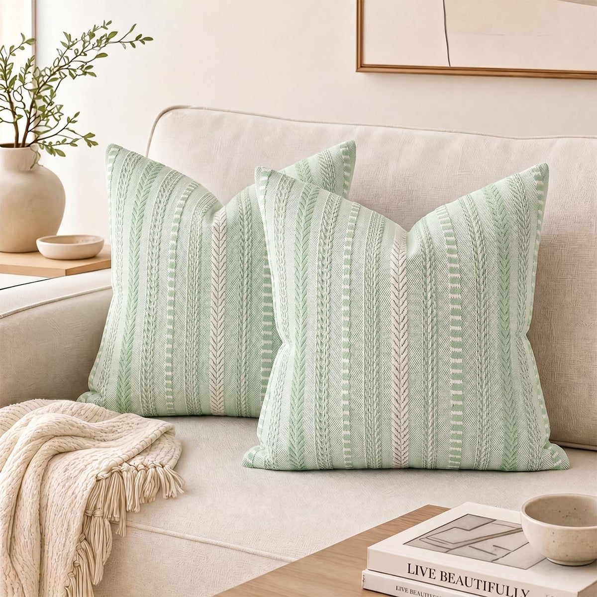 AVOIN colorlife Pink Boho Decorative Throw Pillow Covers Set of 2, 18 x 18 Inch Woven Stripe Textured Rustic Cushion Case Home Decor for Living Room Couch Sofa
