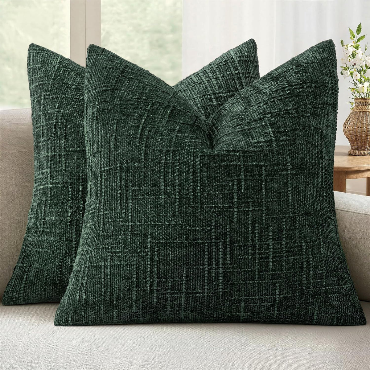 MIULEE Chenille Textured Throw Pillow Covers Cream White 20x20 Set of 2