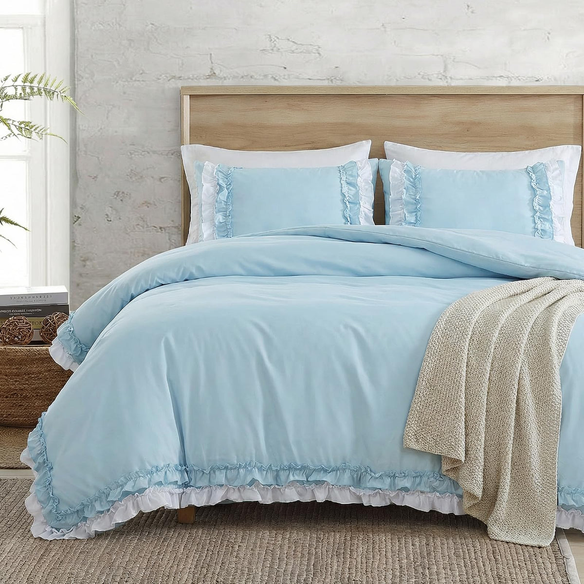 Bedorm Beige Duvet Cover Set Queen Ruffle Bedding Set Pleat Ruffled Shabby Chic Comforter Cover Extra Soft & Easy Care White Boho Duvet Cover with Zipper Closure
