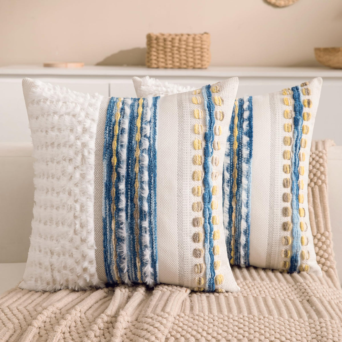 Boho Chenille Tufted Couch Throw Pillow Covers 18x18 Inch Set of 2 Farmhouse Striped Decorative Pillow Covers Accent Neutral Pillowcase Teal Cushion Cover for Living Room Sofa Bed