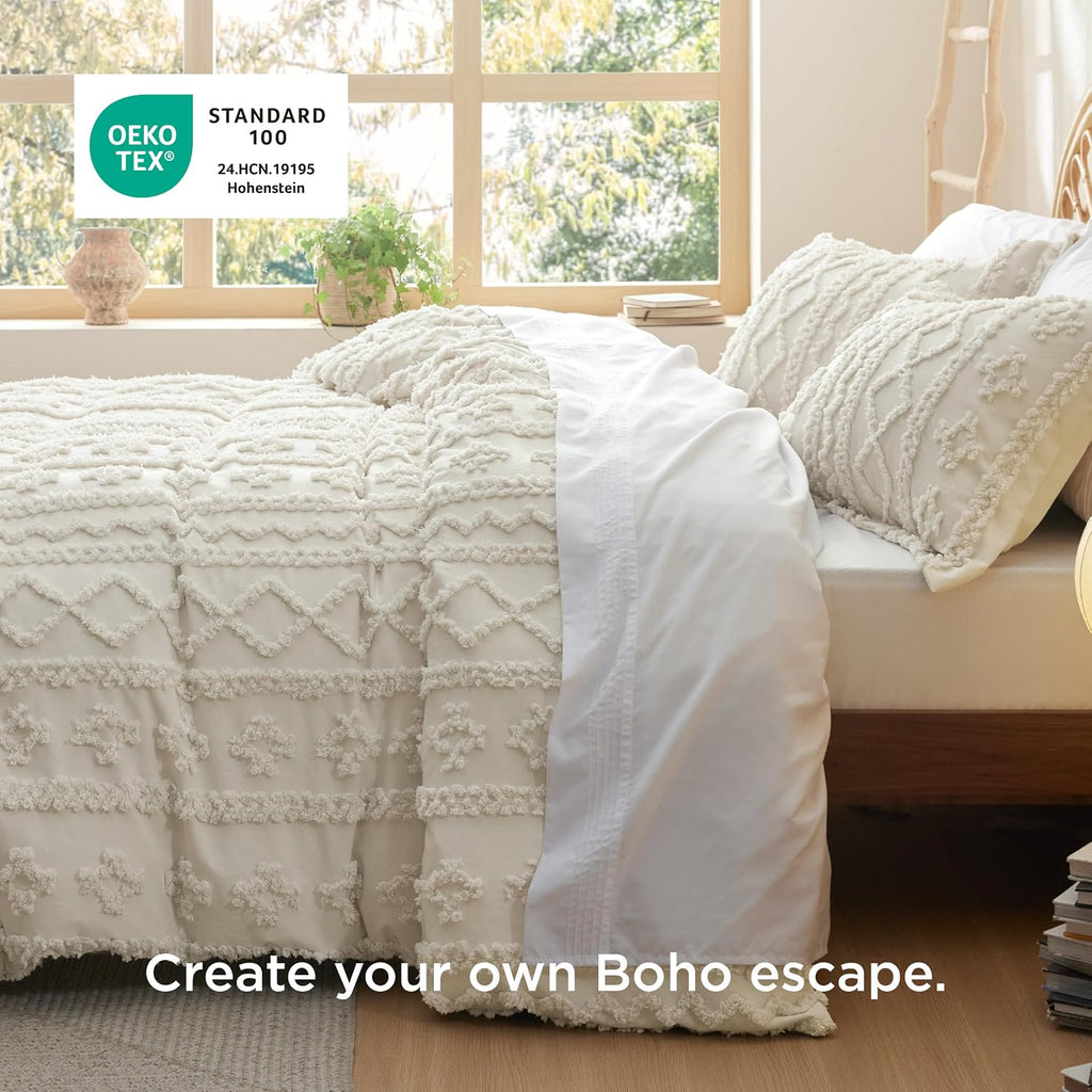 Bedsure Boho Cal King Duvet Cover, Tufted Embroidery, 3-Piece, Beige