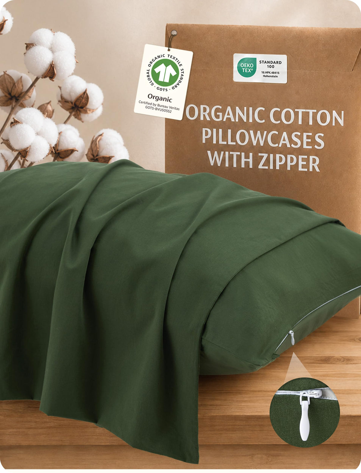 Bedsure PureWoven Organic Cotton Zipper Pillow Cases Queen Size Set of 2