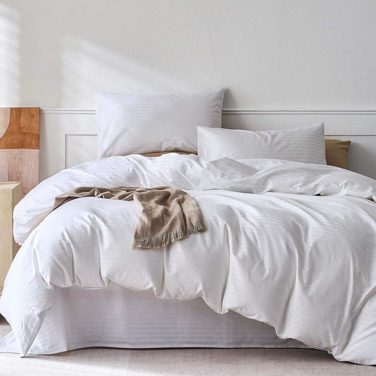 JELLYMONI 100% Cotton Classic Striped Queen Duvet Cover Set, Tan/White