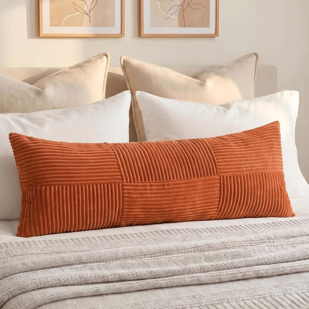 Fancy Homi Blush Pink Lumbar Decorative Throw Pillow Covers 12x20 Inch for Living Room Couch Bed, Rustic Farmhouse Boho Home Decor, Soft Striped Corduroy Rectangle Accent Cushion Case 30x50 cm