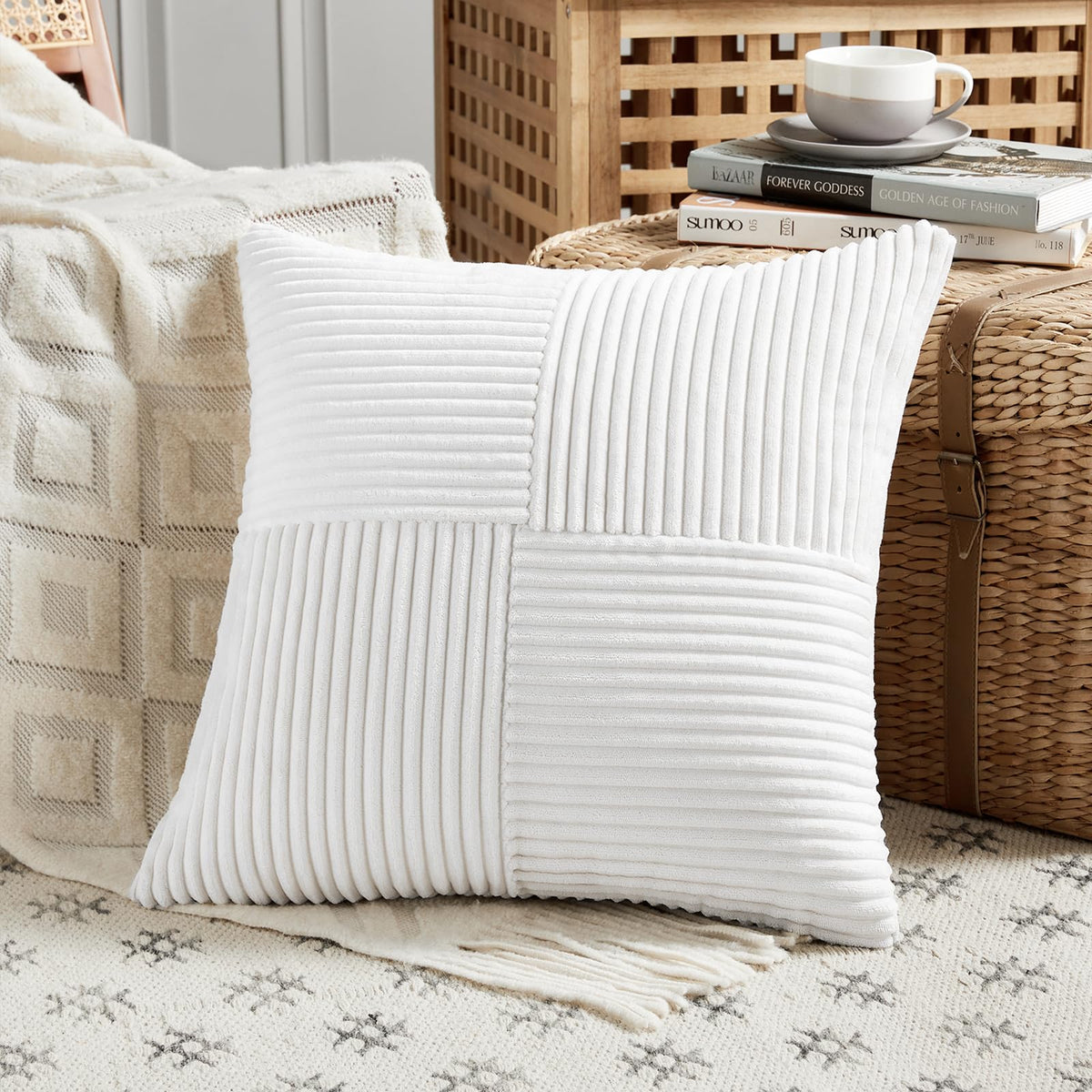 Fancy Homi Blush Pink Lumbar Decorative Throw Pillow Covers 12x20 Inch for Living Room Couch Bed, Rustic Farmhouse Boho Home Decor, Soft Striped Corduroy Rectangle Accent Cushion Case 30x50 cm