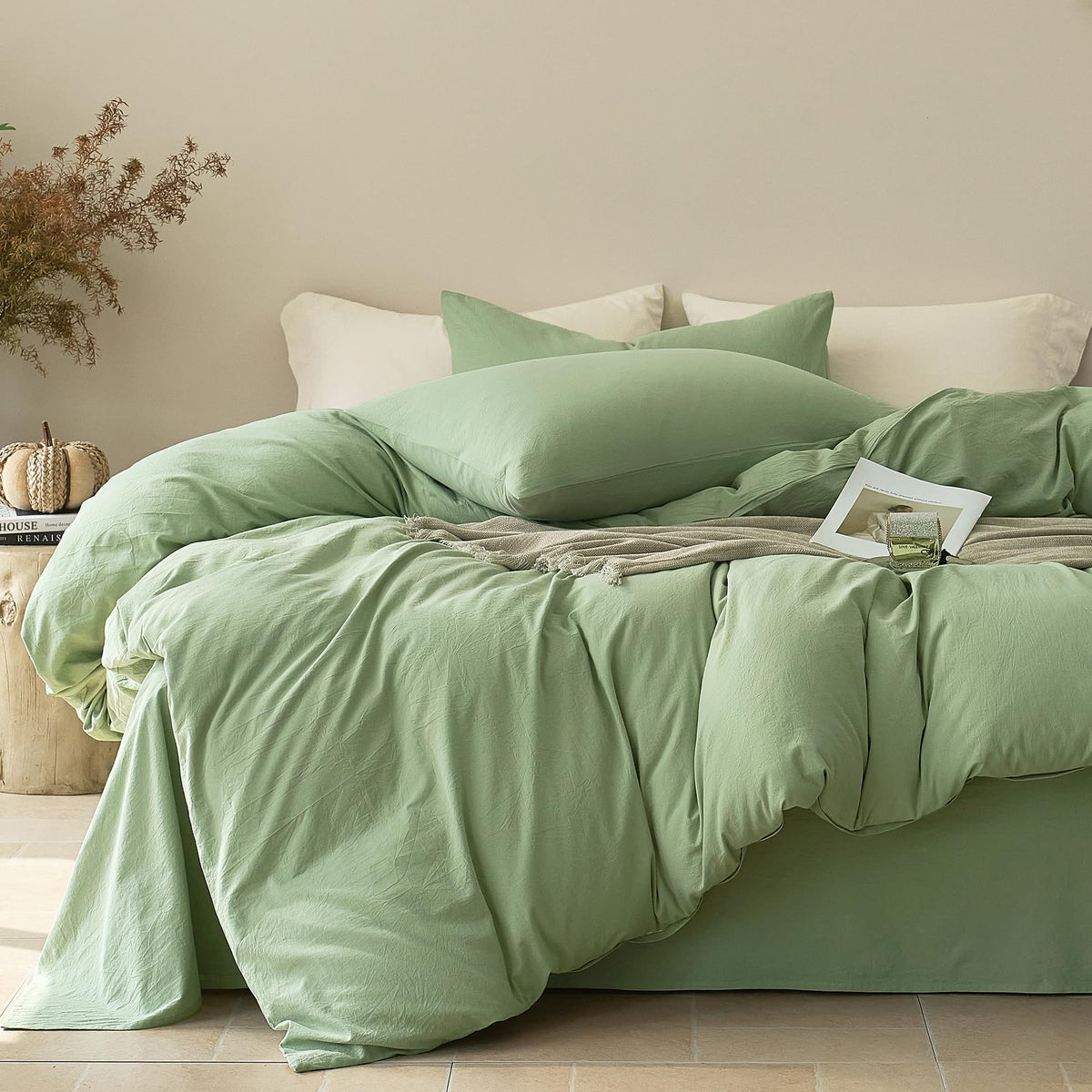 JELLYMONI 100% Cotton King Duvet Cover Set, Washed Linen-Like Texture