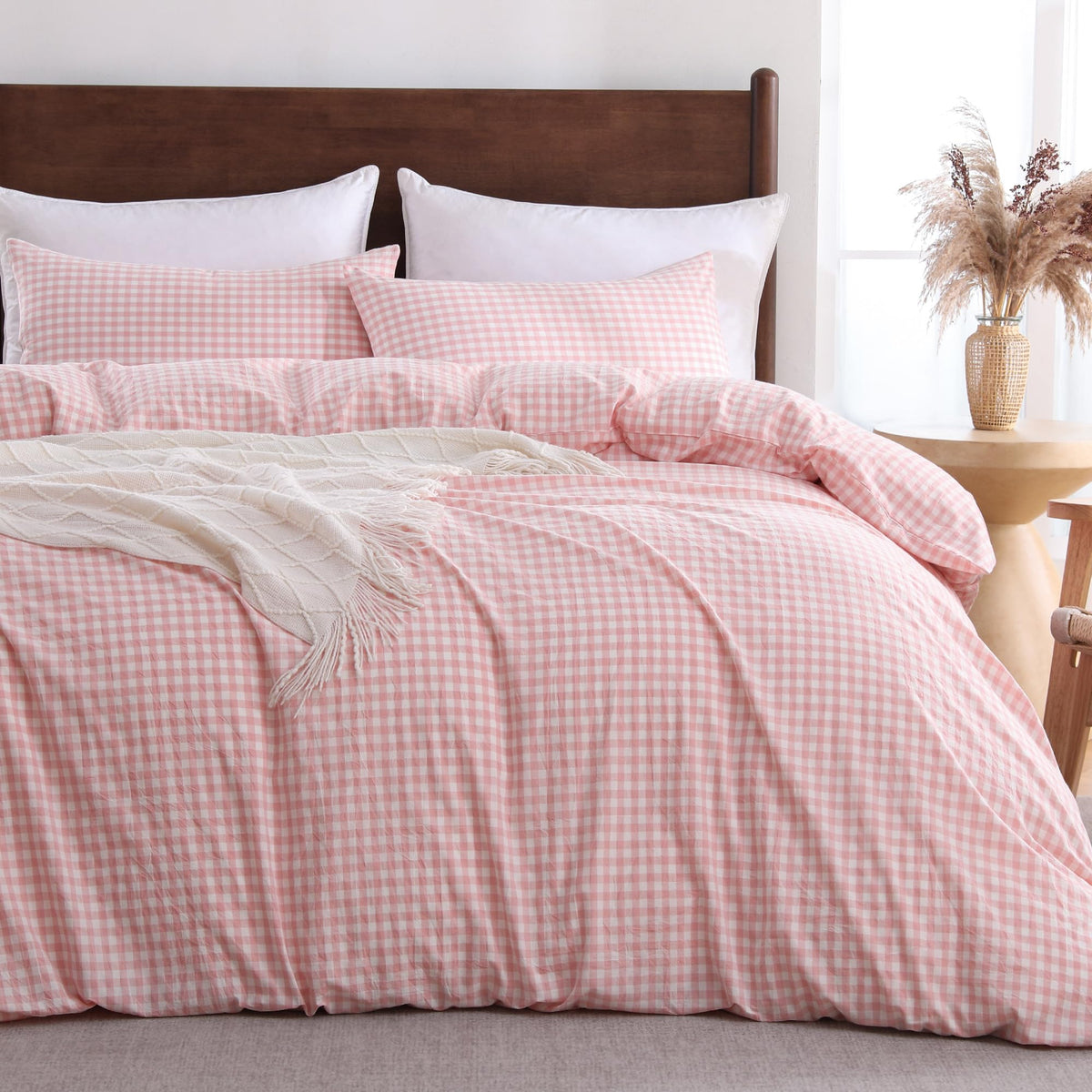 Cotton Brown Gingham Duvet Cover Bedding Set Linen Like, Queen