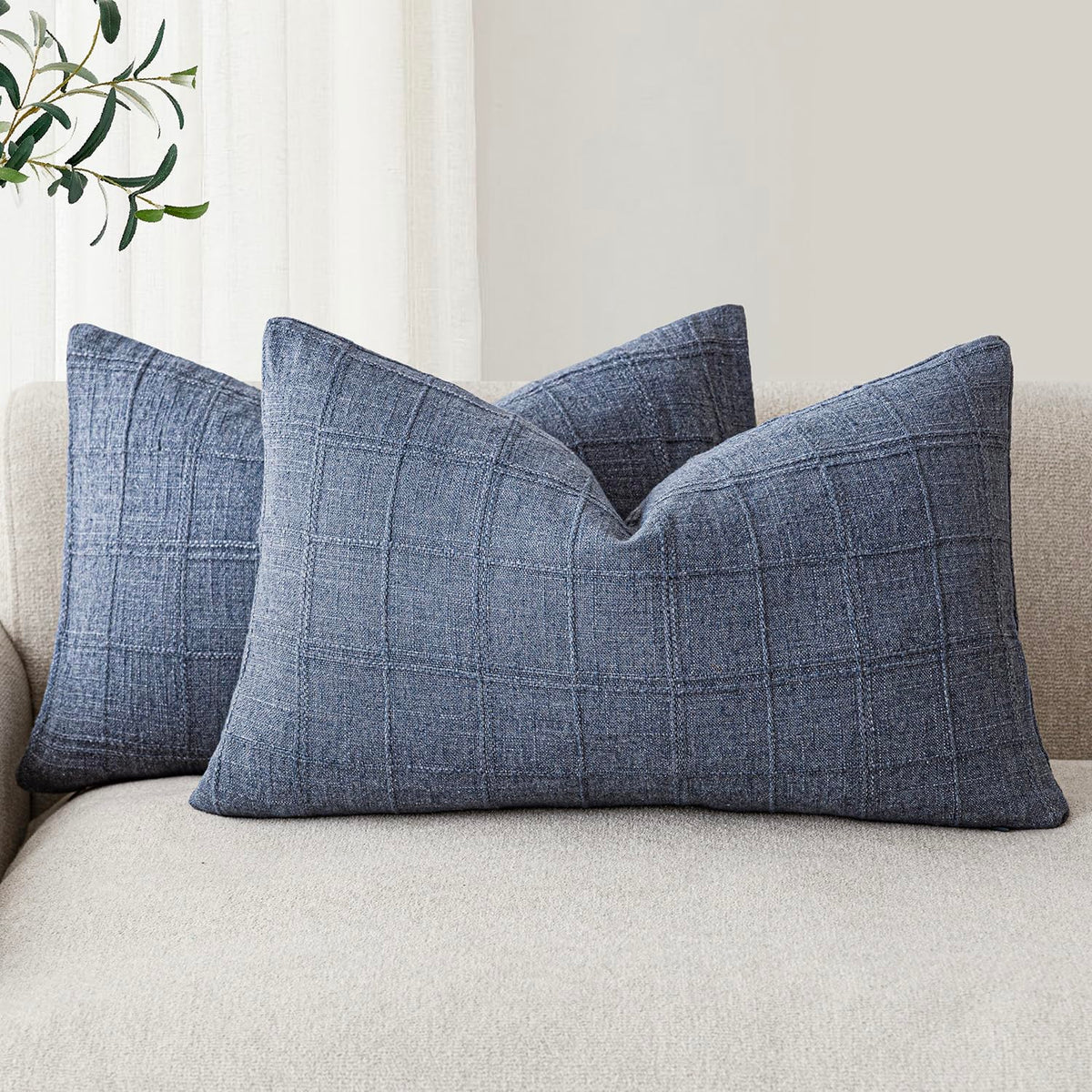Foindtower Boho Linen Check Decorative Throw Pillow Cover 18×18 Olive Green