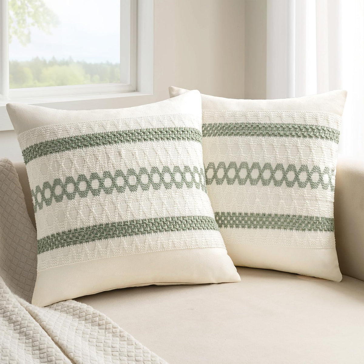 MIULEE Set of 2 Sage Green Boho Decorative Lumbar Pillow Covers 12x20 Inch