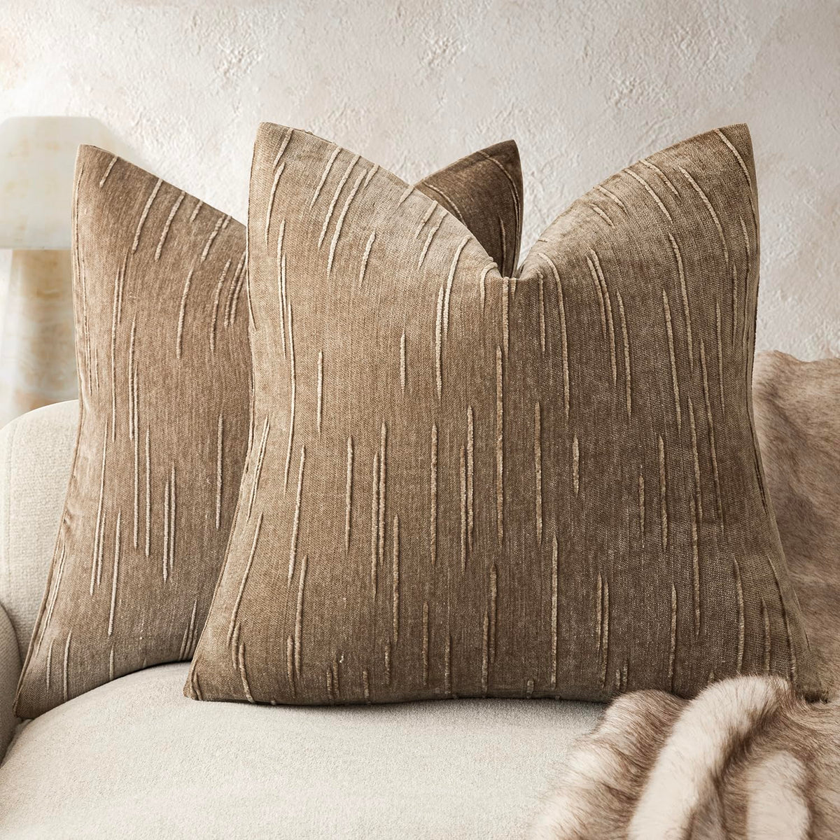 Foindtower Pack of 2 Slubby Textured Chenille Throw Decorative Pillow Covers Square Accent Solid Cushion Cover Soft Farmhouse Pillow Case for Couch Sofa Bedroom Living Room 20x20 Inch,Dark Olive Green