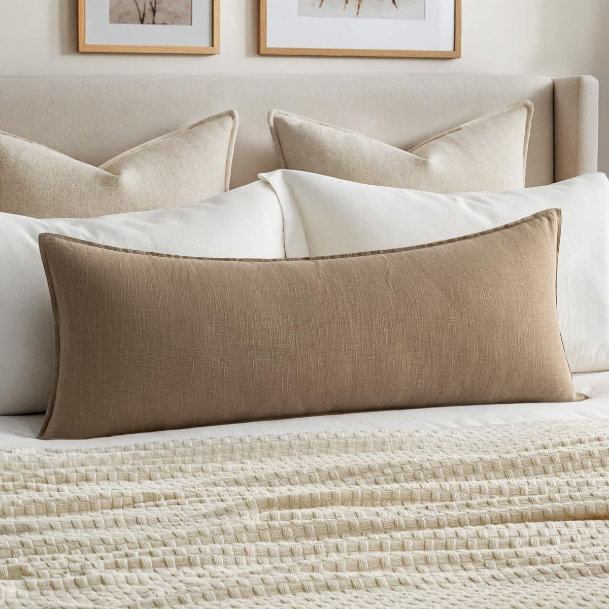 MIULEE Decorative Linen Lumbar Pillow Cover 14x36 Inch Natural Beige