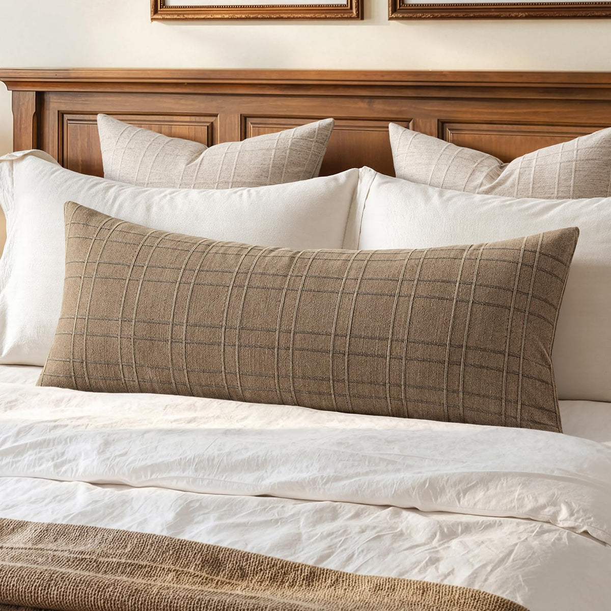 MIULEE Long Lumbar Throw Pillow Cover 14x36 Soft Linen Check Decorative Pillowcase Pack of 1 Vintage Farmhouse Textured Accent Cushion Cover for Sofa Couch Bedroom Living Room, Natural Beige