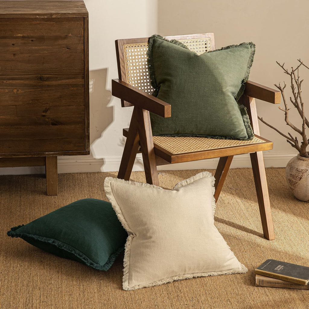 MIULEE Boho Linen Fringe Decorative Throw Pillow Covers Olive Green 20x20