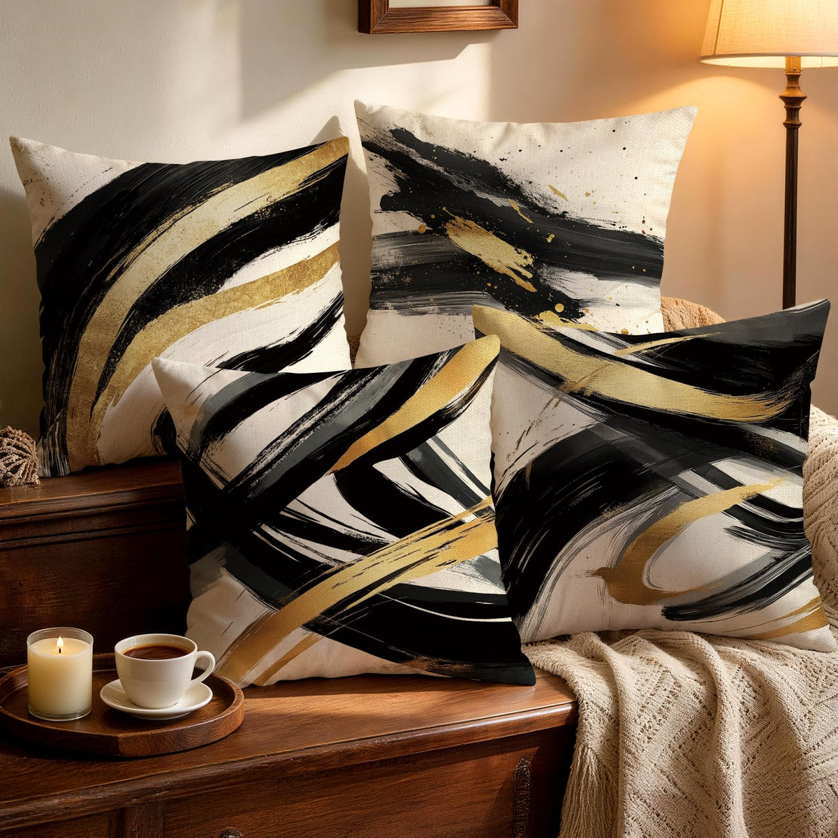 OBSEDE Retro Wood Grain Geometric Throw Pillow Covers 18 x 18 Inch Set of 4