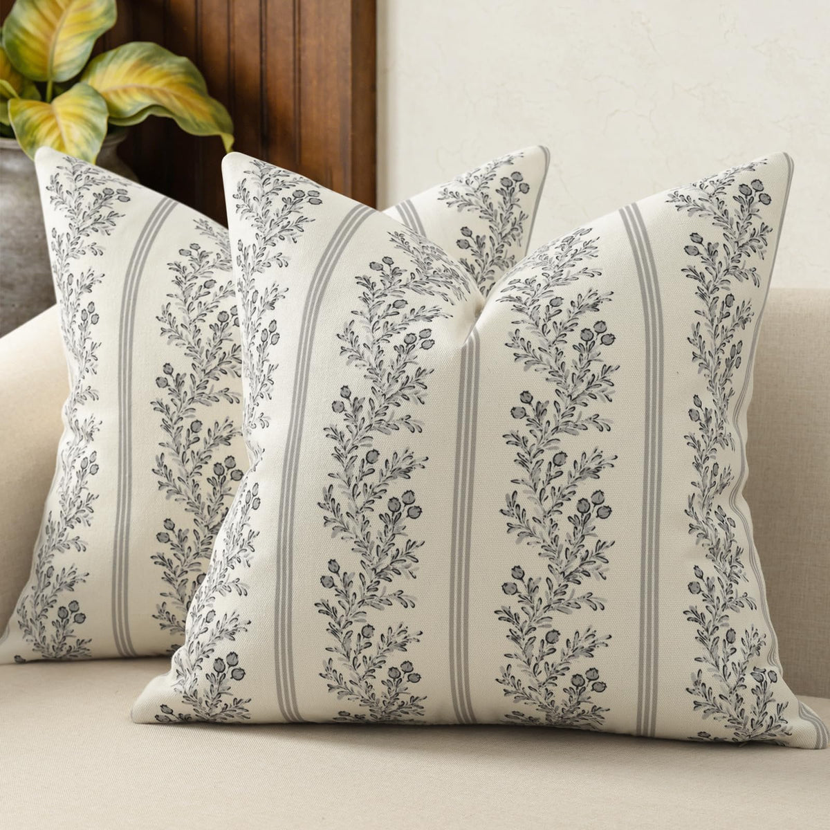 Vintage Throw Pillow Covers 18x18 Set of 2, Striped Floral Pillow Cover Botanical Patterned Decorative Cushion Covers Modern Farmhouse Home Decor for Sofa Couch Bed Living Room, Light Blue