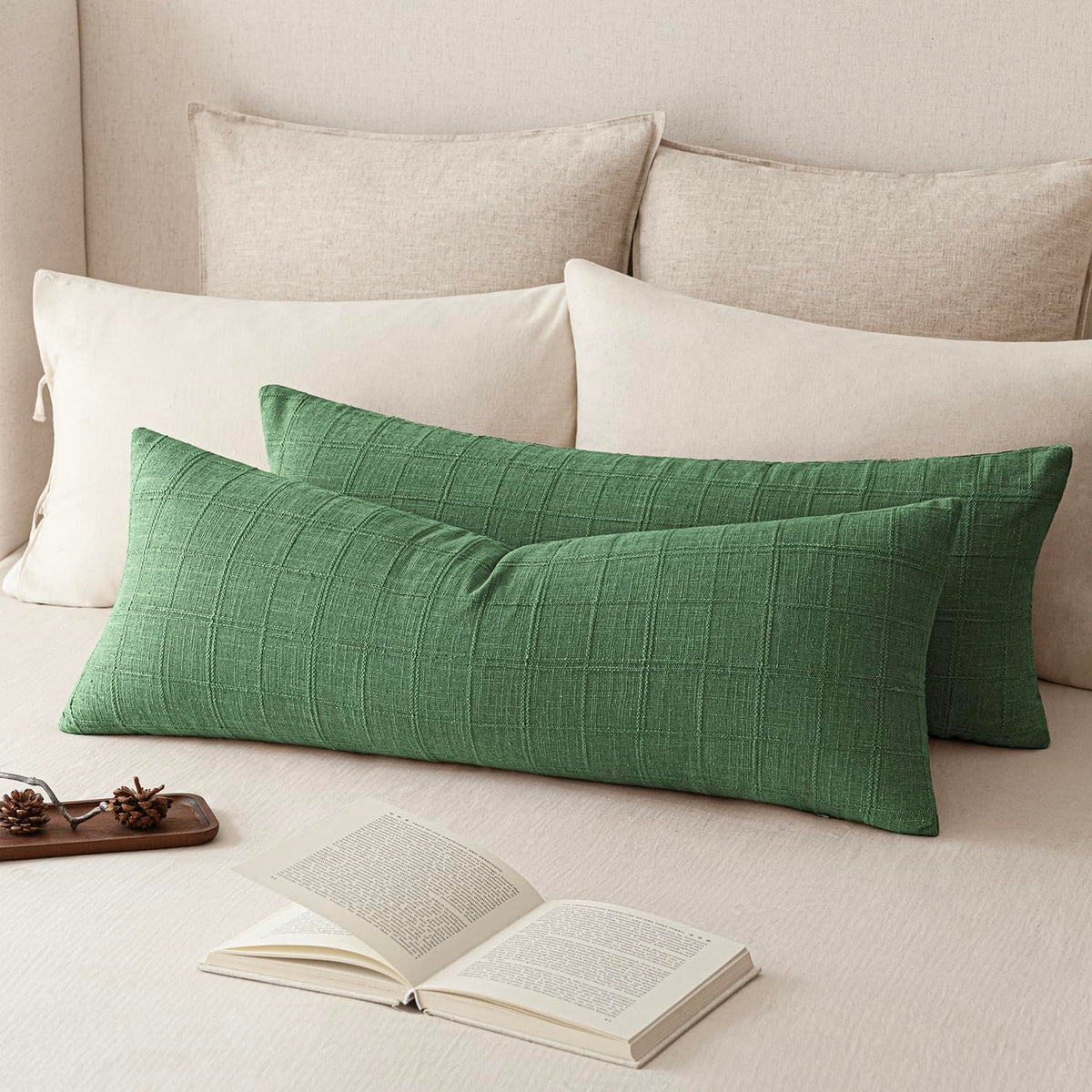 Foindtower Boho Linen Check Decorative Throw Pillow Cover 18×18 Olive Green