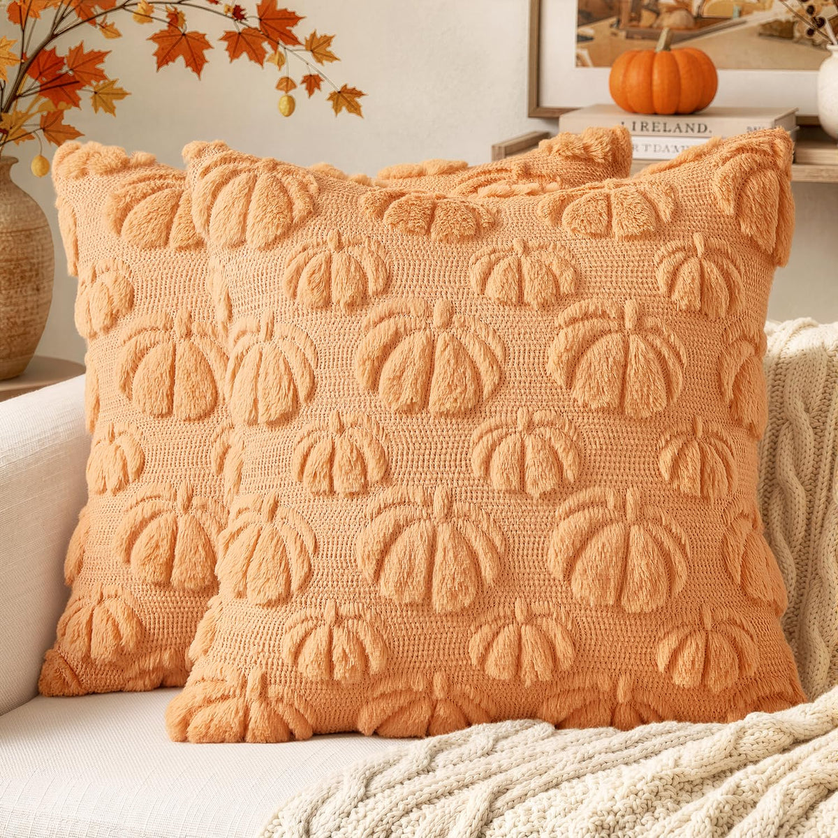 MIULEE Fall Decor Pillow Covers 18x18 Set of 2 Pumpkin Beige
