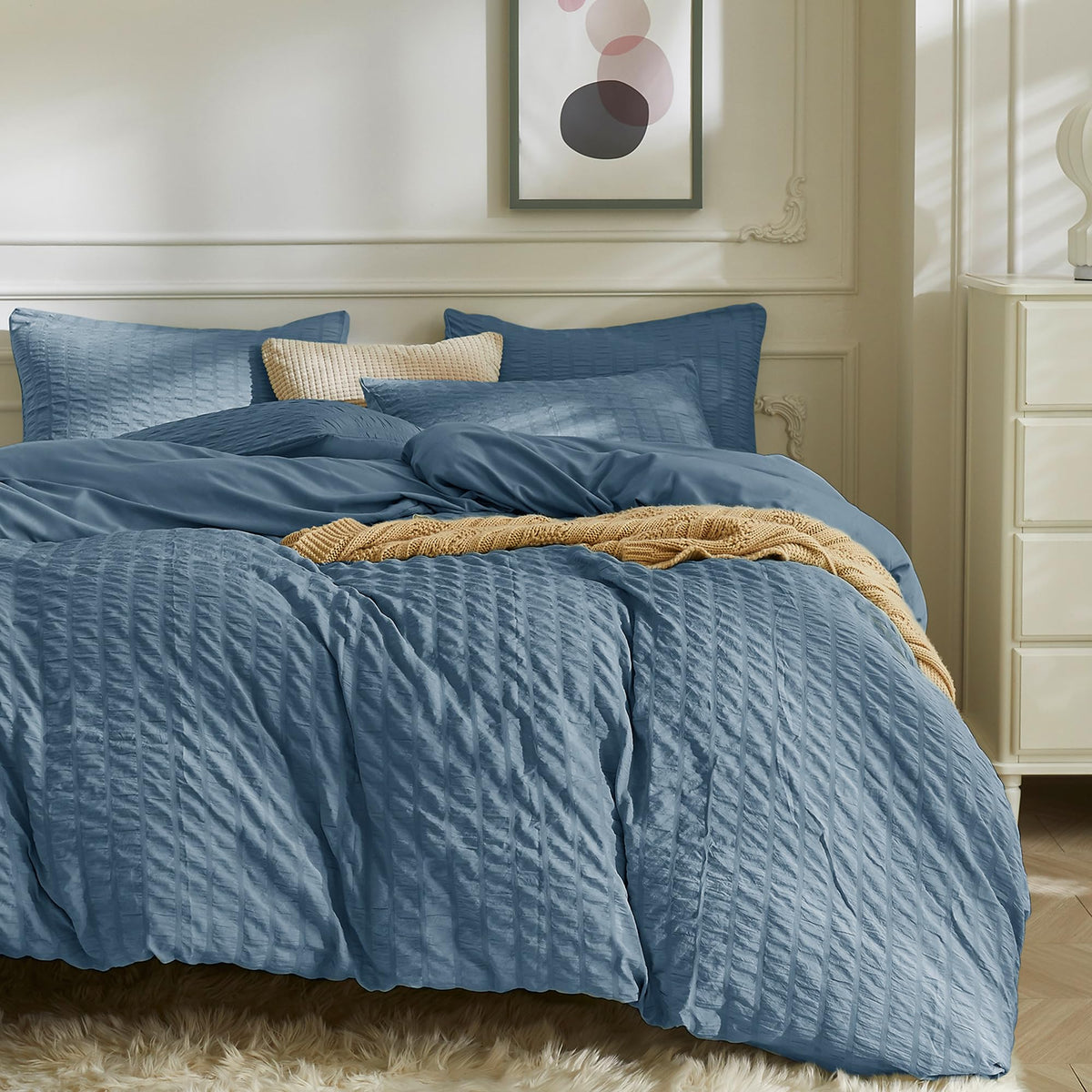 JELLYMONI White Seersucker Duvet Cover Set Queen Size