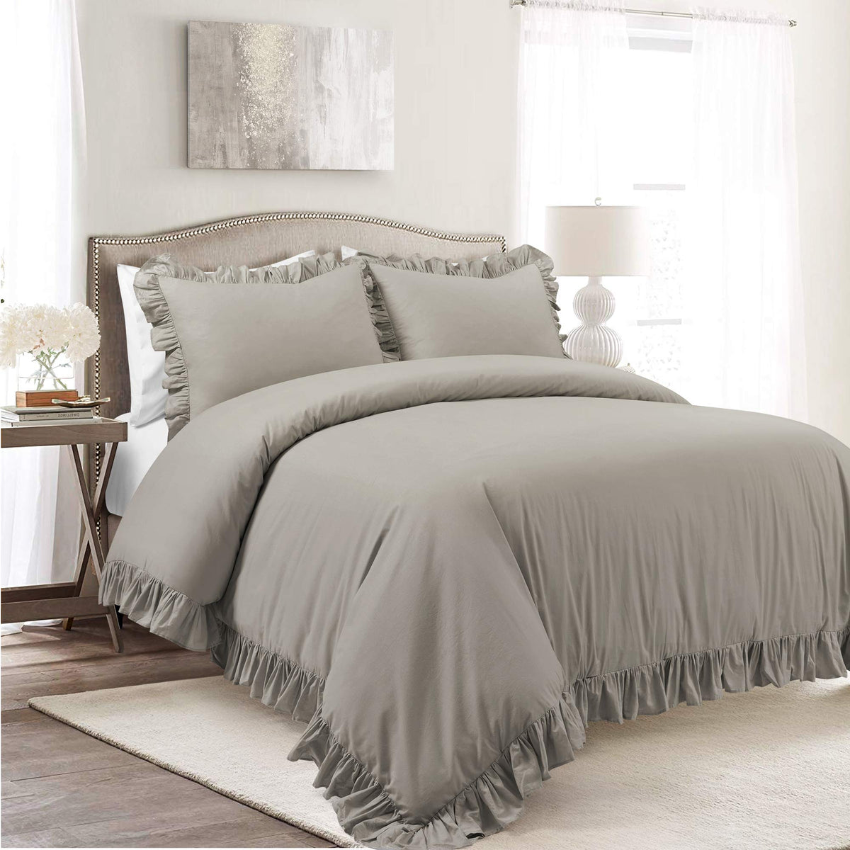 Lush Decor Reyna Ruffle Cotton Duvet Cover Set 3 Piece Set Full/ Queen, White - Queen Size Bedding Set - White Duvet Queen- Ruffled Bedding - Coquette Decor