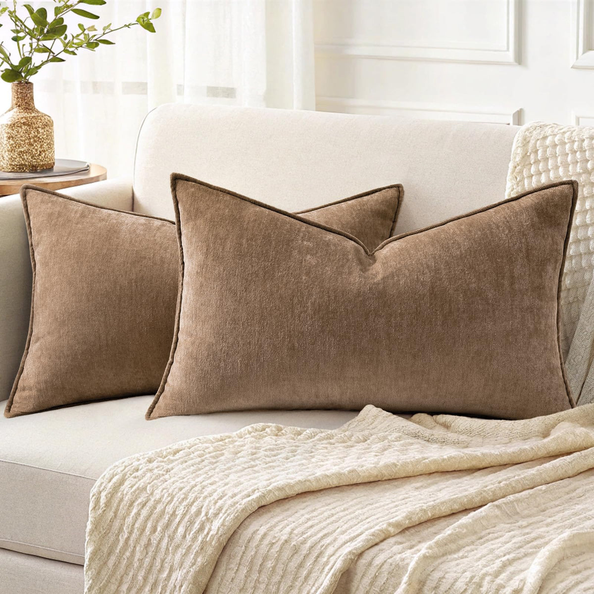 decorUhome Chenille Beige Velvet Throw Pillow Covers 20x20 Set of 2