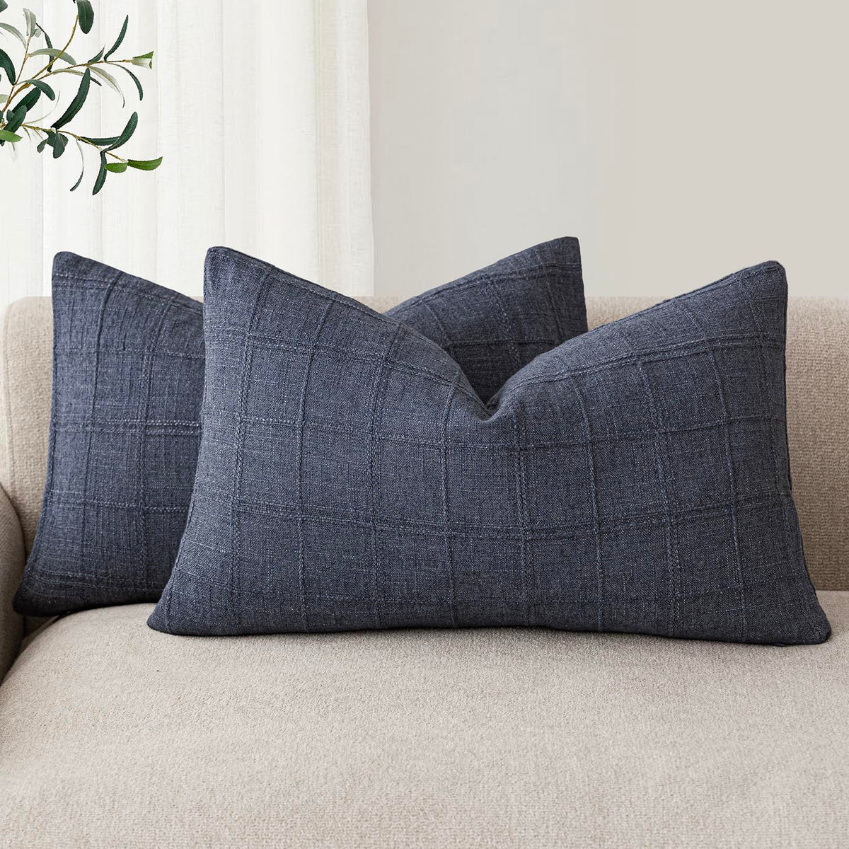 Foindtower Boho Linen Check Decorative Throw Pillow Cover 18×18 Olive Green